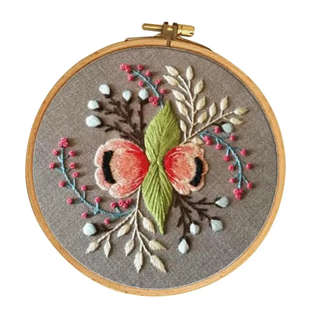 Stamped Embroidery Kit with Flower Pattern, Pre-Printed Cloth & Hoop 15cm DIY Needlework Crafts