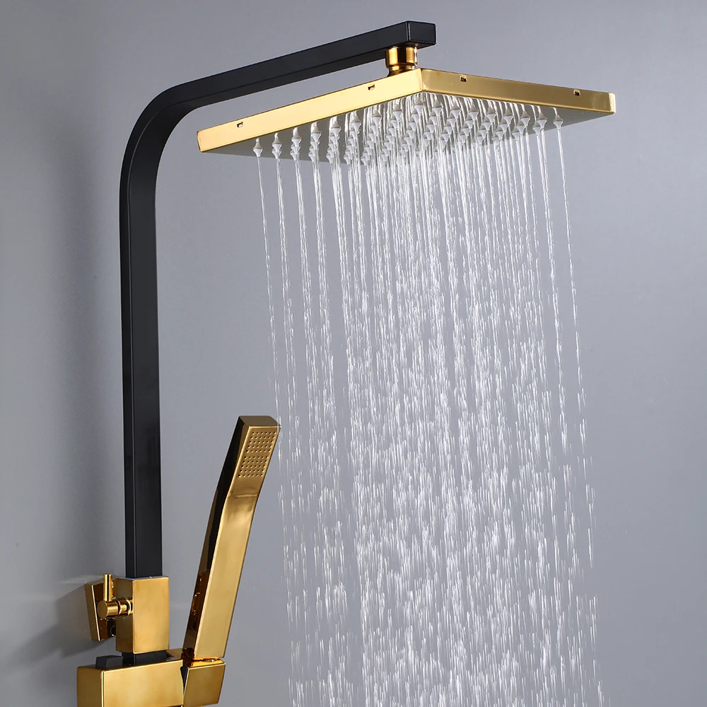 Black Gold Shower Faucet Set Rainfall Metal Bathroom Mixer Tap Bathtub Metal  4-way with Bidet and Shelf