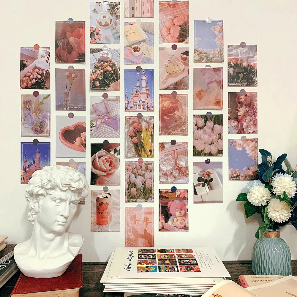 30PCS You Light Up My Life Series Postcard Set - Pink Bouquet Castle Greeting Blessing Cards DIY Wall Decoration