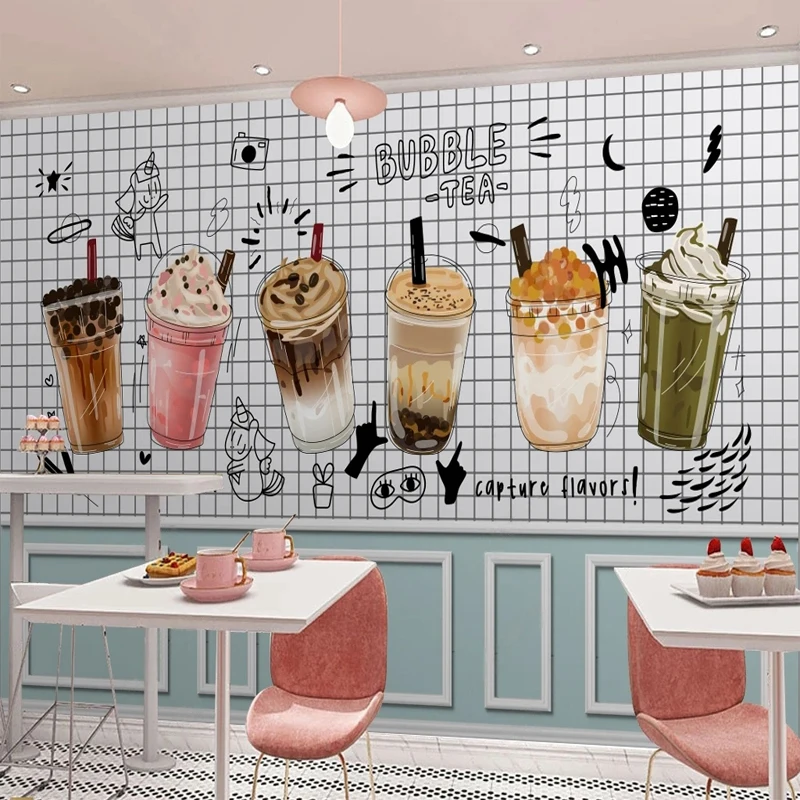 Custom 3D Photo Wallpapers Cold Drink Bubble Tea Wall Mural Canvas Restaurant Dessert Shop Backdrop Decoration Vinyl Silk Cloth