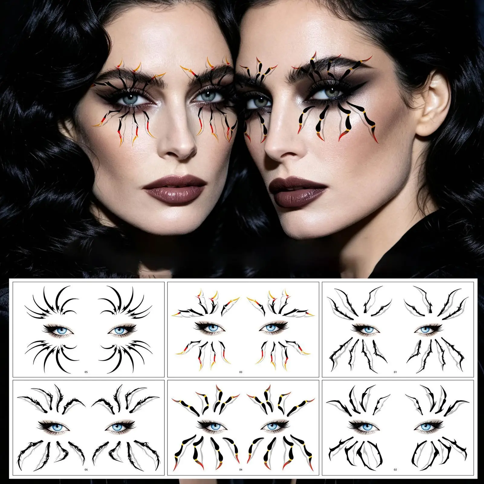 Spider Stickers for Face, 6 Pairs Temporary Spider Leg Eye Corner Decorations Halloween Eye Shadow Stickers for Men Women Teens