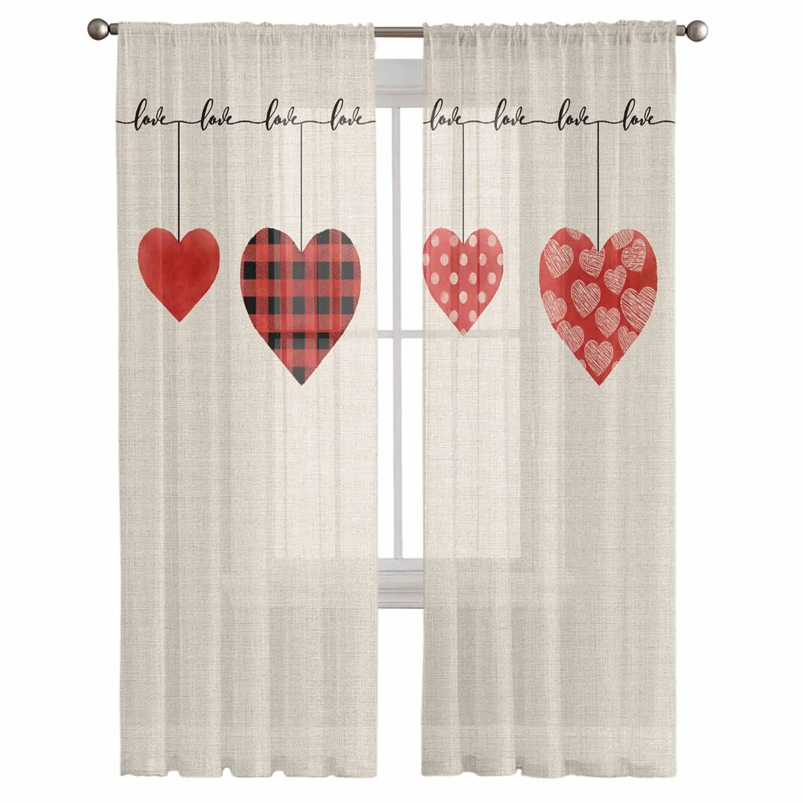 Valentine'S Day Hearts Watercolor Voile Curtains for Bedroom Window Tulle Curtain for Living Room Sheer Blinds Drapes