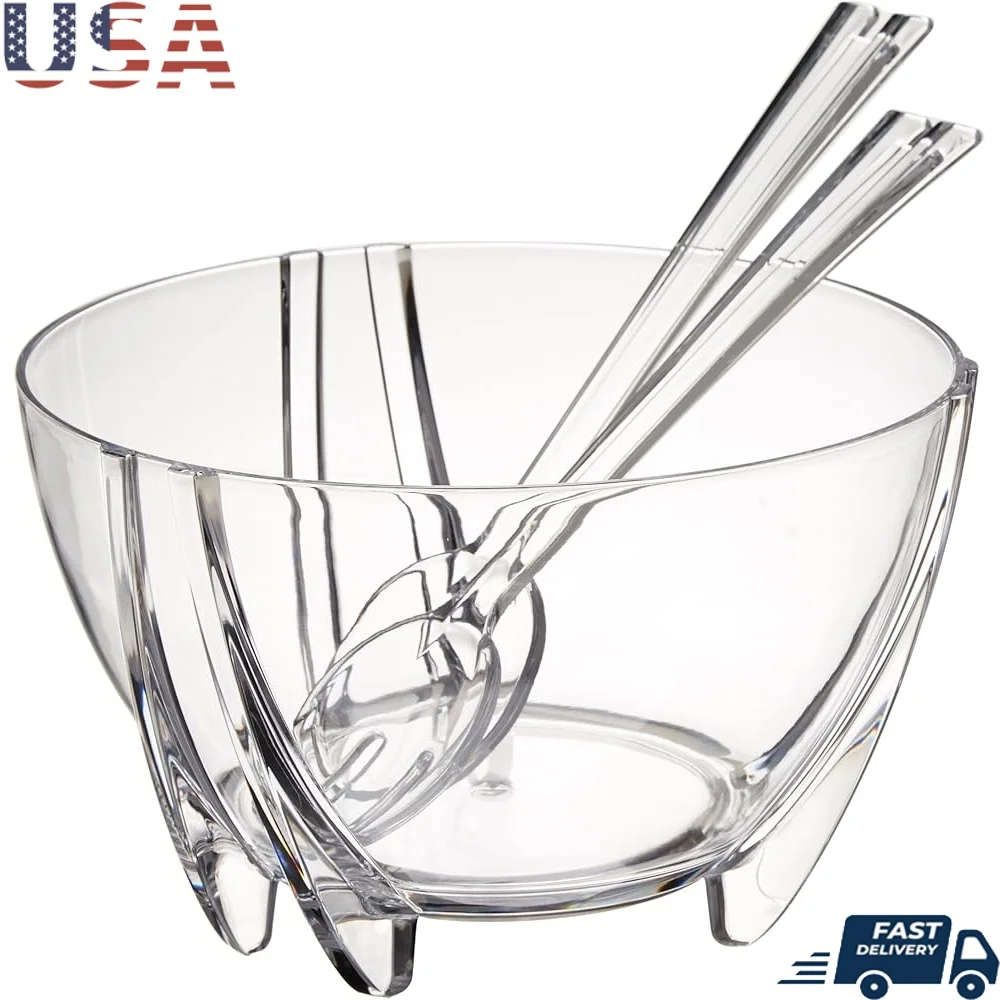 

Acrylic Salad Bowl Set with Servers Large 6 Quart Capacity Clear Design Stable Legs Ideal Entertaining and Dining