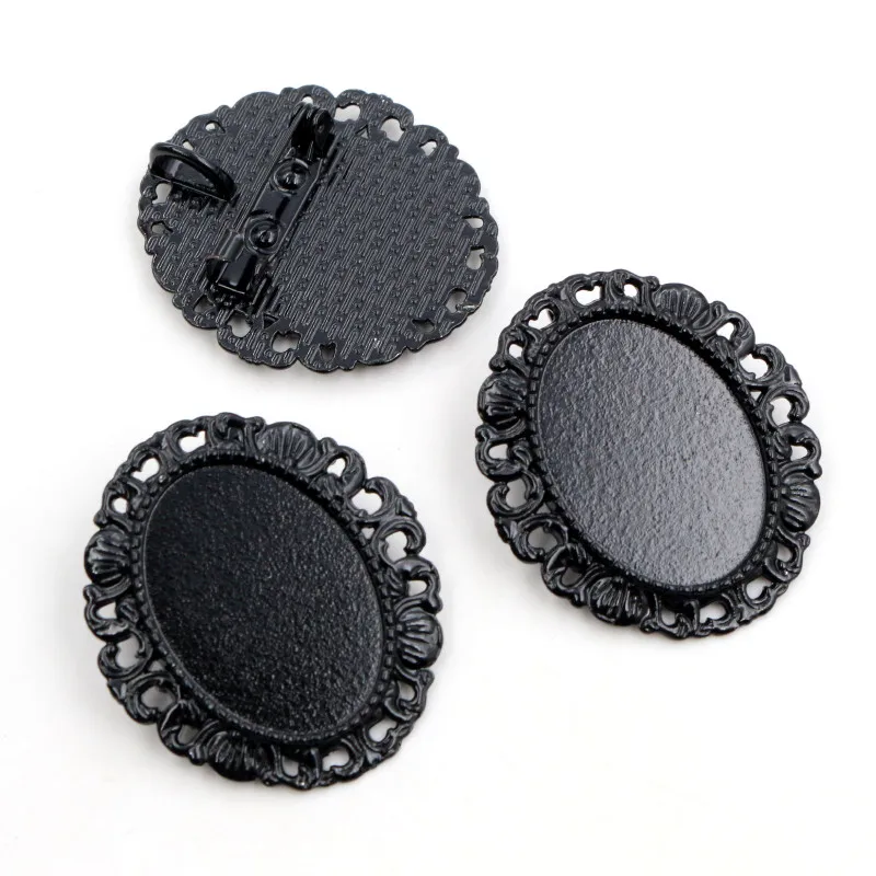 5pcs 18x25mm Inner Size Antique Silver Plated Bronze Black Brooch Pin Classic Style Cameo Cabochon Base Setting