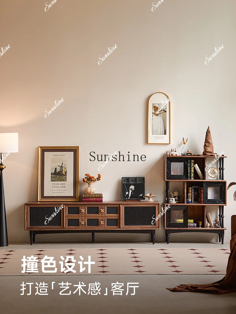 

TV cabinet French retro black walnut solid wood living room combination FT