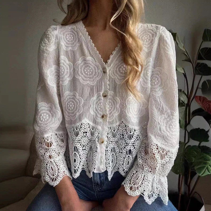 Temperament 2024 Chiffon V-neck Blouse Blusa New Spring Floral Embroidery Long Sleeve Cardigan Women Causal Lace Stitching Tops