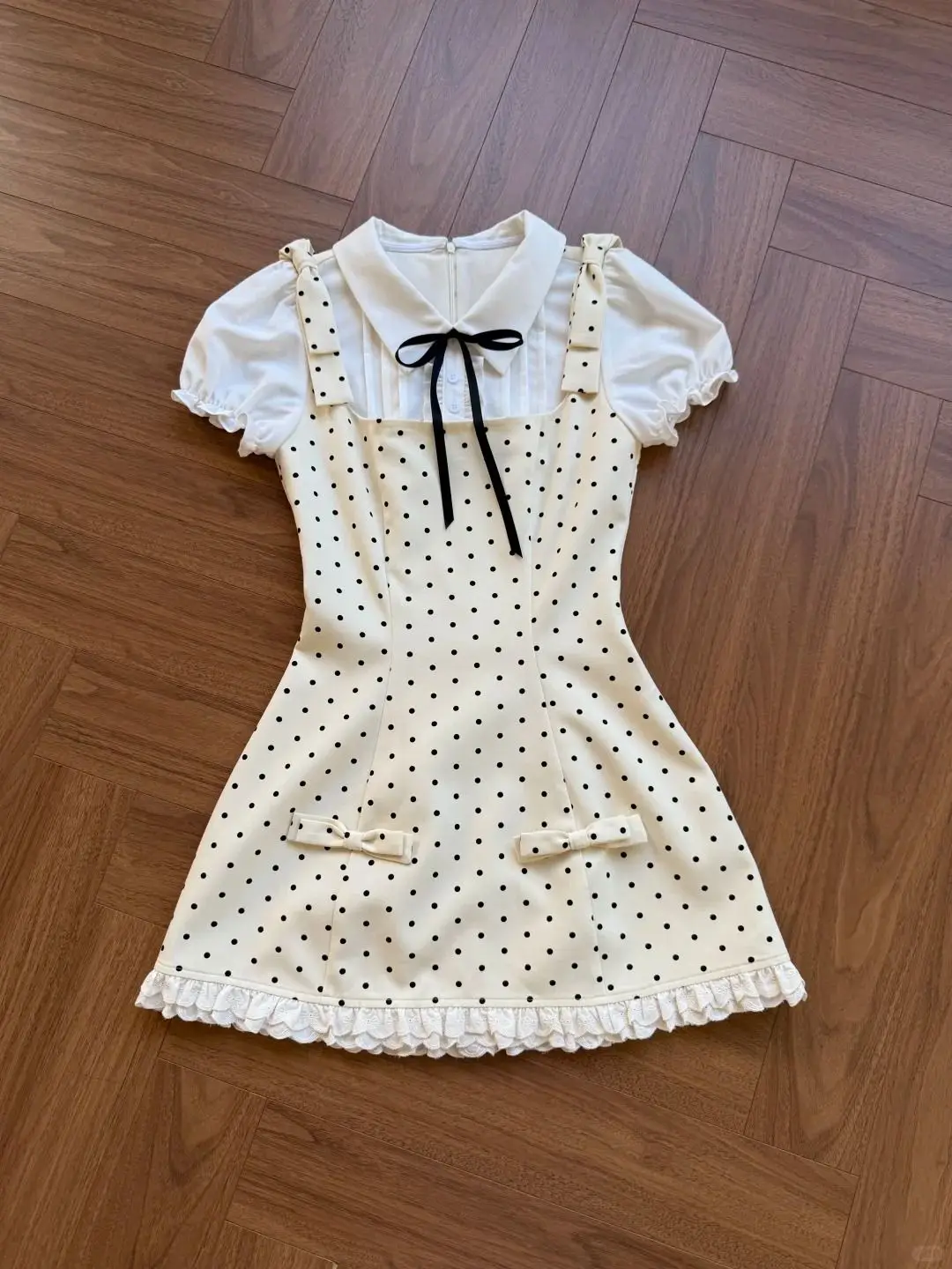 Elegant Vintage Short Sleeve Woman Bow Lace Princess One Piece Polka Dot Mini Dress Slim Evening Party Retro Fairy Kawii Sweet