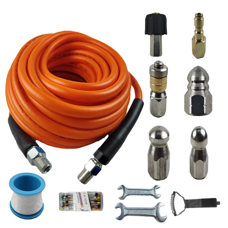 40M Sewer Jetter Hose Kit 4000PSI Drain Cleaner Hose 1/4 Inch NPT Corner Rotating Button Nose Sewer Jetting for Pressure Washer