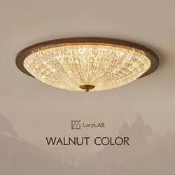 Engraved Crystal Acrylic Walnut Color Wood, French Retro Art Vintage, Ceiling Light for Living Room, Dining Room, Bedroom, Study