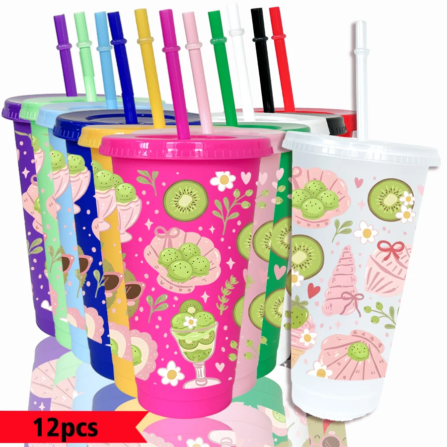 12pcs/pack Kiwifruit Dessert Flower Pattern 26oz Colored Plastic Party Cold Drink Cup for Back-to-school Birthday Gift