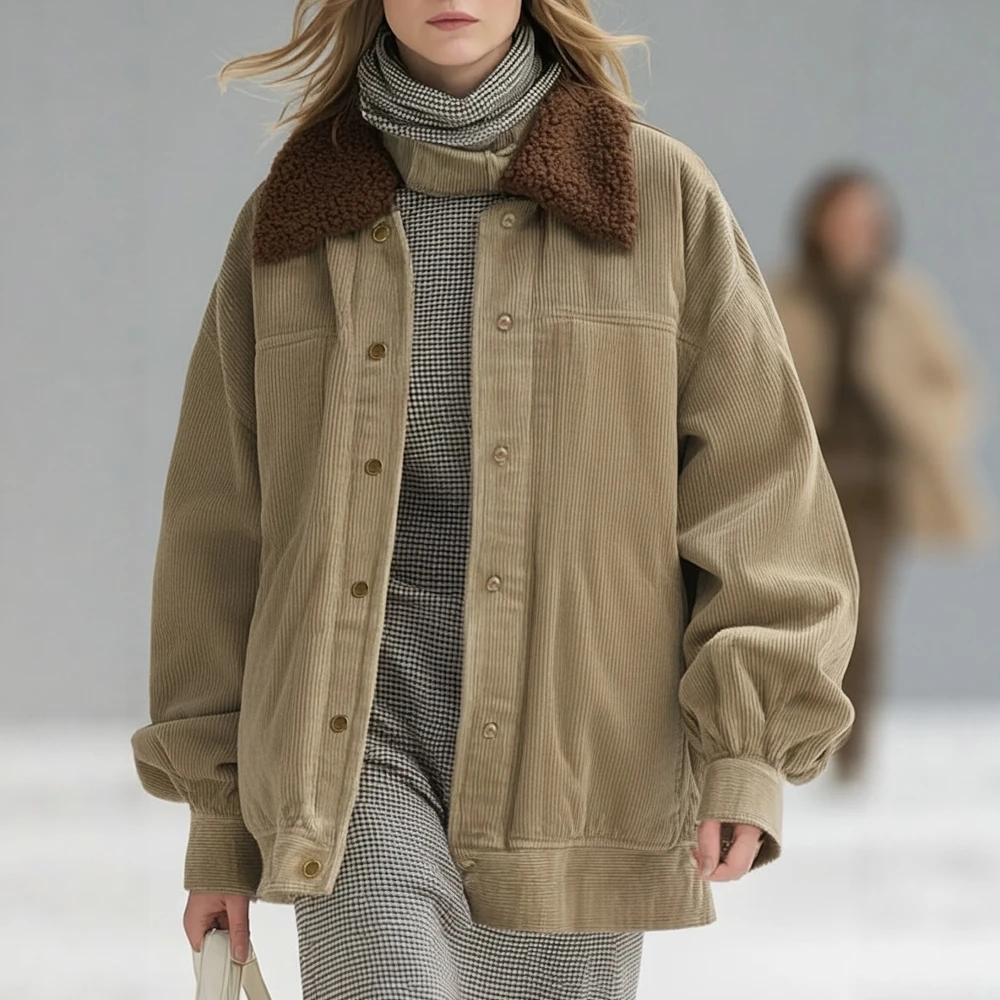 

Casual Style Autumn Winter Jacket Turn-down Collar No Decoration Women's Topwear Fashionable Outerwear for Seasons Change