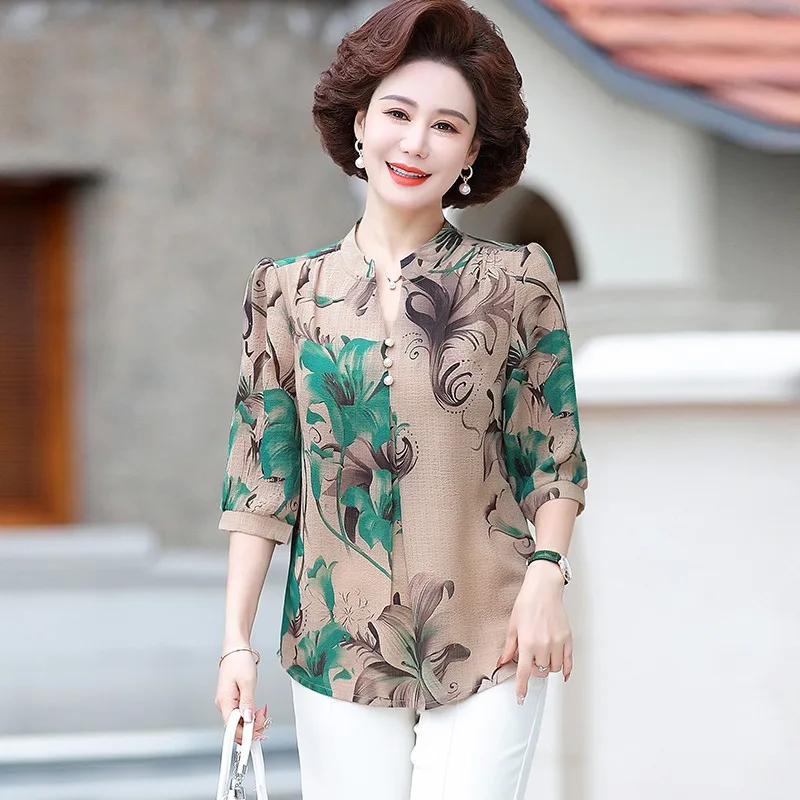 Summer Vintage Broken Flowers Blouse Commute Single-breasted Female Clothing Folk Casual Round Neck Half Sleeve Shirt