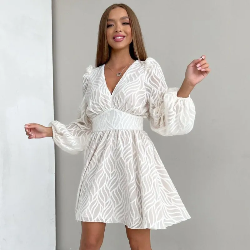 

2025 New Women Elegant White Dress Fashion V-Neck Long Sleeve Printed A-Line Dress Casual Office Patchwork Spring Mini Dresses