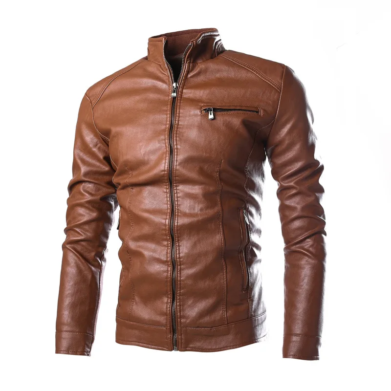 

2023 New Men Solid Color Washed PU Leather Clothing with Stand Collar Autumn Winter Men Large Size Casual Biker Leather Jacket