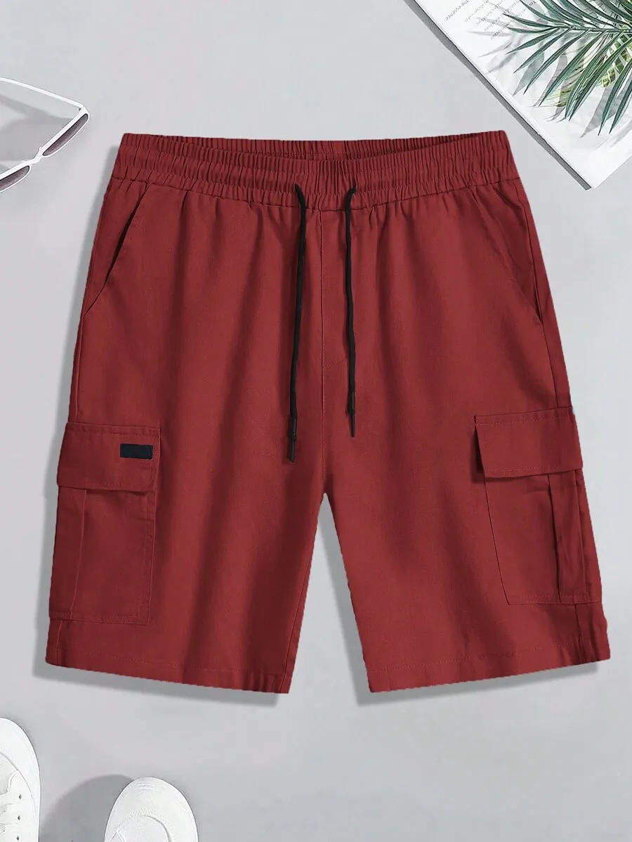 

Men’s Rust Red Casual Cargo Shorts Featuring Elastic Waist With Black Drawstring And Dual Side Utility Pockets For Summer