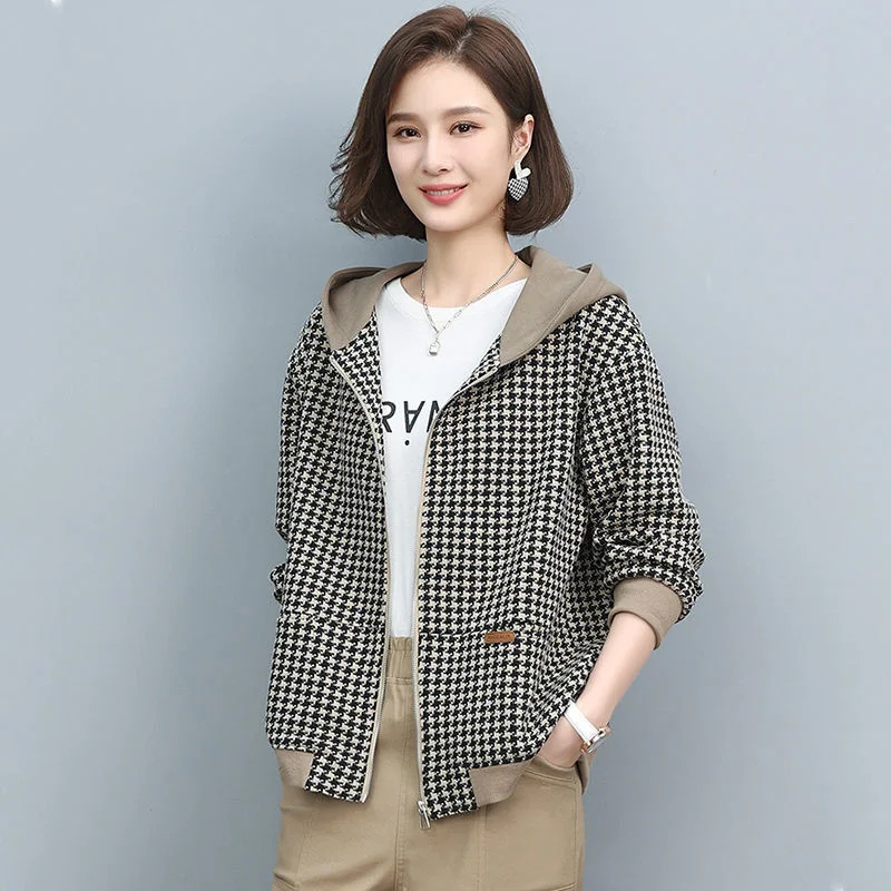 Cappotto corto allentato da donna vintage con fodera Giacca scozzese con cappuccio madre Giacca a vento autunnale pied de poule alla moda da donna