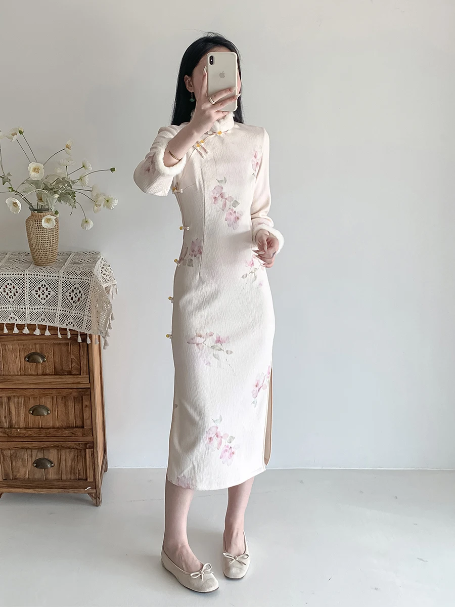 

Новое китайское платье с длинными рукавами, теплое, повседневное, высококачественное, винтажное, элегантное, зимнее, модное, традиционное китайское платье