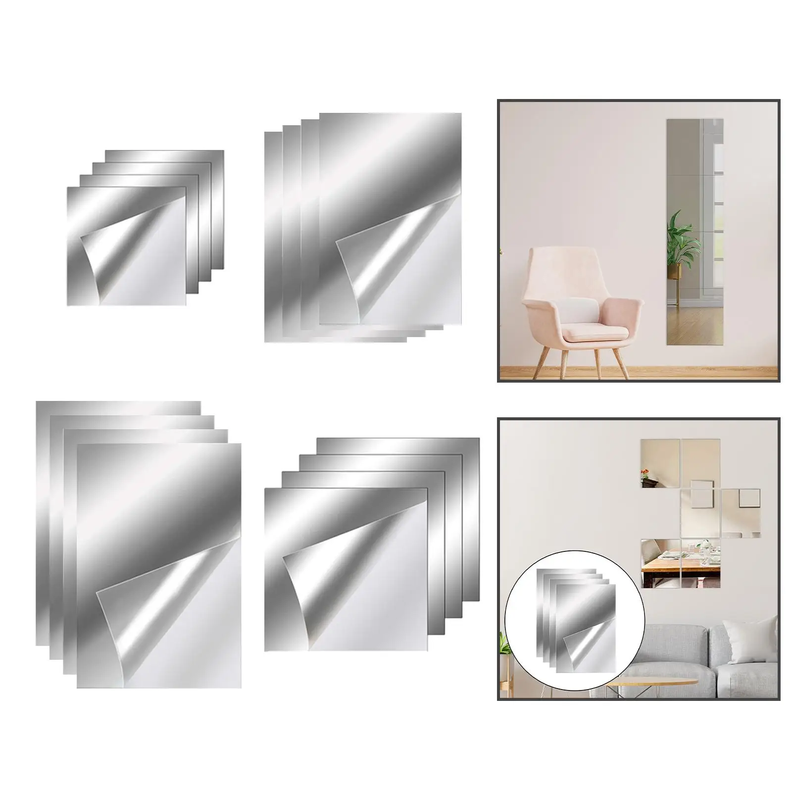 4x Wall Stickers Mirror, Acrylic Mirror Sticky Wall Mirror Tiles Mirror