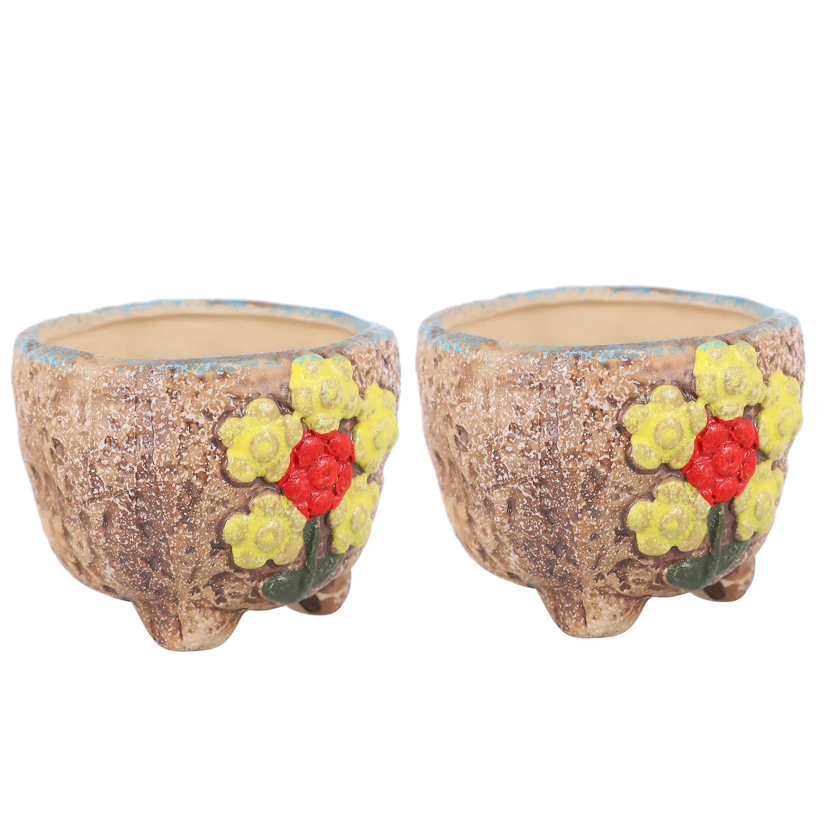 

2Pcs Elegant Hand Painted Ceramic Cactus Pots Rich Color Floral Design Smooth Glazed Succulent Plant Planter for Office Bedroom