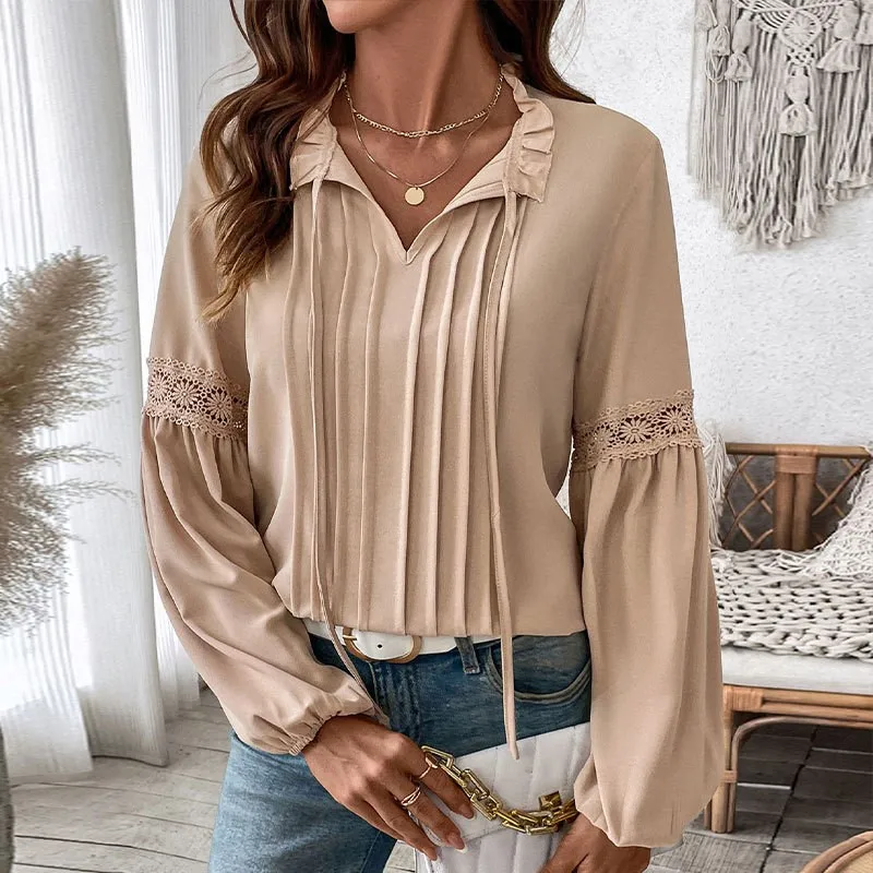 

Elegant Apricot Ladies Shirt V-neck Headband With Pleated Lantern Sleeves Lace Patchwork Long Sleeved Shirt Autumn Versatile New