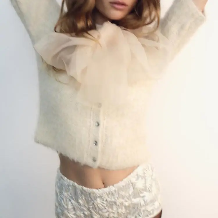 Autumn Winter New Arrival Women's Knitted Top Transparent Hard Lace  Knot Decorated Versatile Sweet Sle Polyester ...