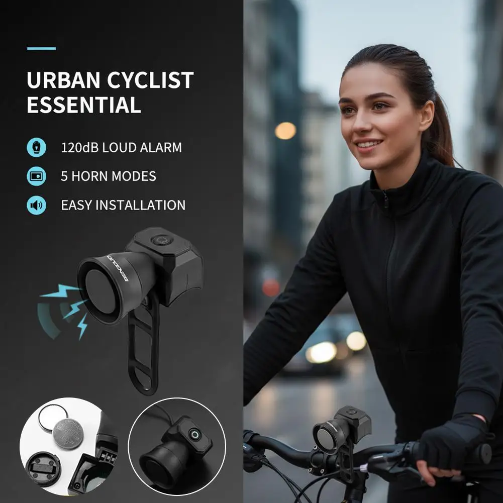 Wiederaufladbare elektrische Fahrradhupe, 120 dB laute Fahrradklingel, IPX6 wasserdicht, 5 Klangmodi, schnelle Montage für MTB, Rennrad, Roller – Detail 5