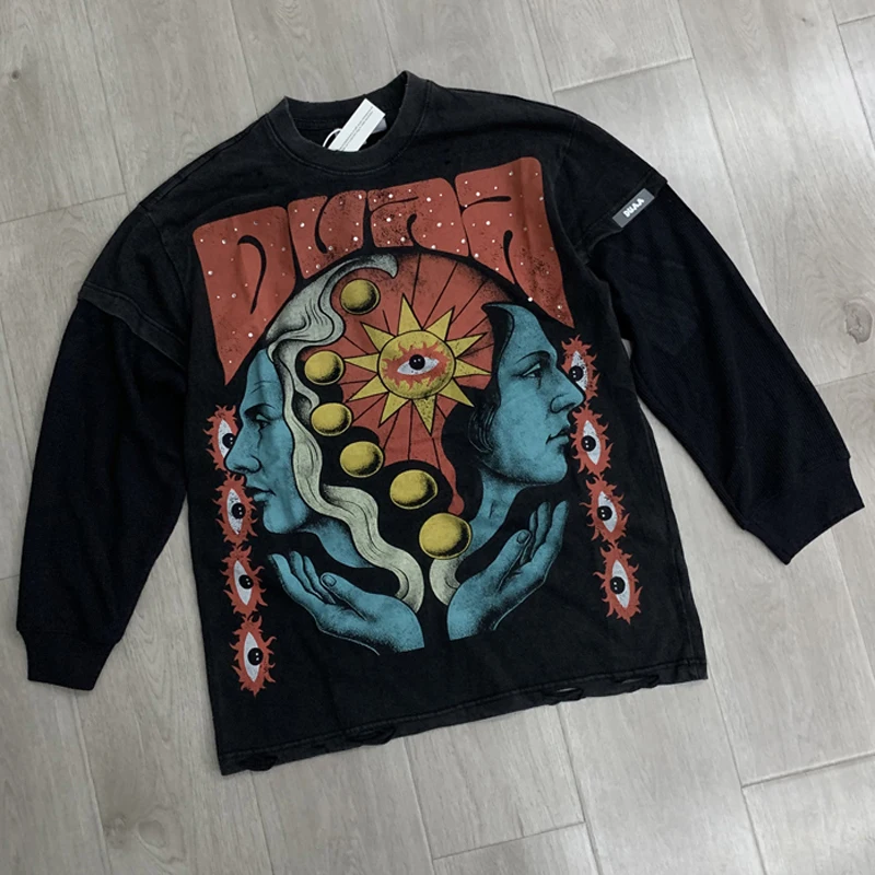 American Style DUAA Long Sleeved T-shirt High Quality Streetwear Round Neck Rhinestone Tops Ripped Hole Washed Black T-shirts