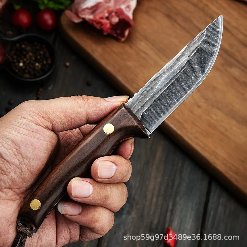 Forged bone picking knife, sharp wooden handle, straight knife, handle, meat knife, barbecue meat, lamb, outdoor knife