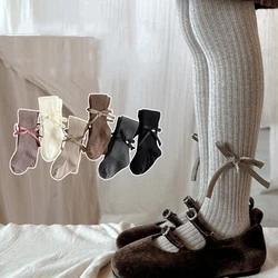 Autumn Grils Leggings Bow Knitted Baby Pantyhose For Girls Solid Color Children Bottom Toddler Kid Girl Ribbed Stockings