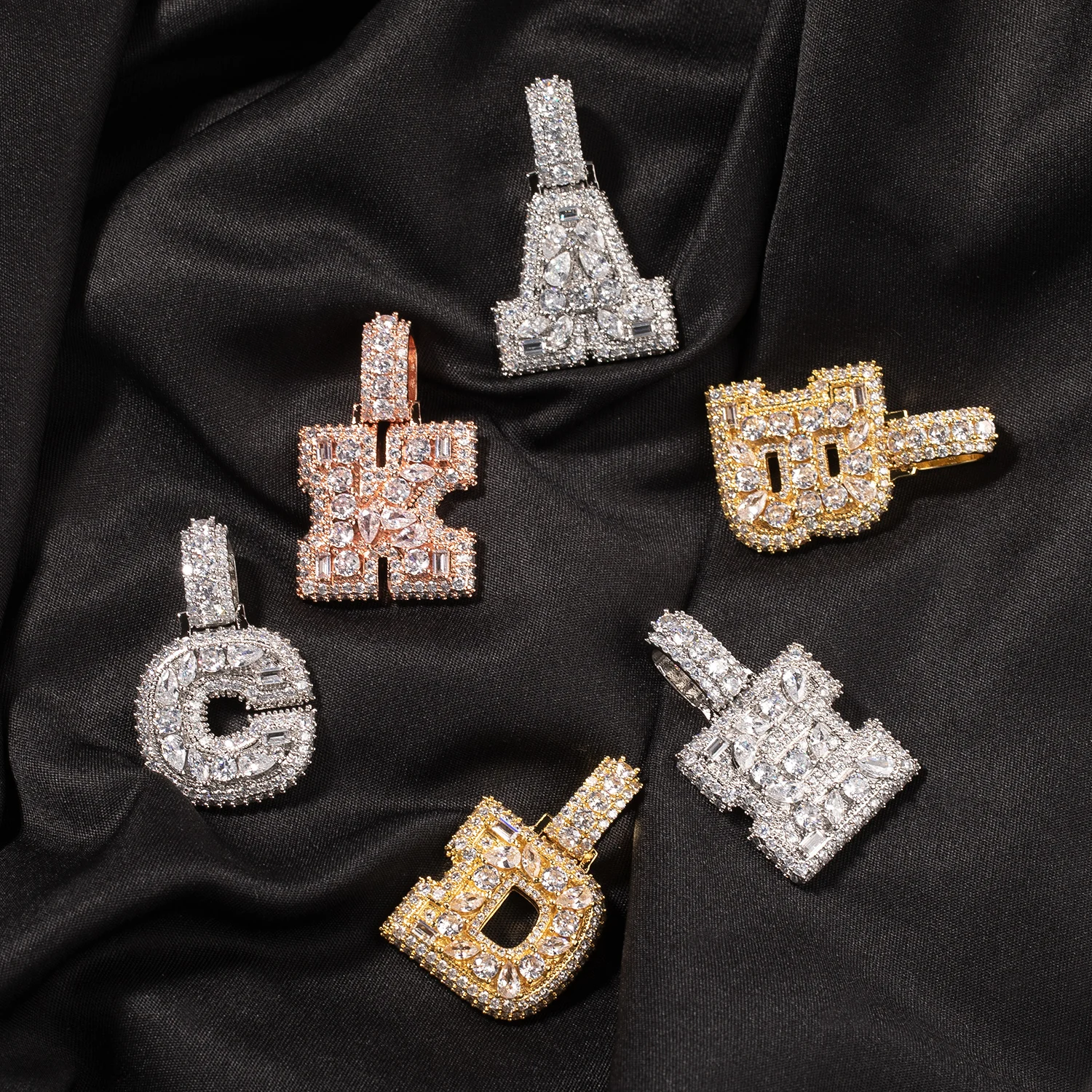 TBTK Custom Vertical Initial Letter Pendant Mixed Inlay Different Shape Multi Color CZ NamePlate Necklace Hiphop Jewelry view 3