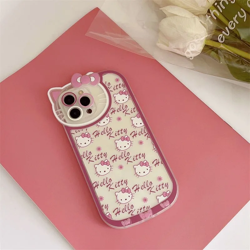 جميل مرحبا كيتي Kawaii KT رئيس القوس قضية الهاتف آيفون 16 15 14 13 برو ماكس 11 12 13 برو XS XR 7 8 زائد الوردي فتاة Y2K غطاء