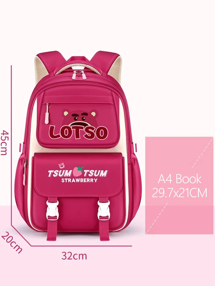 Ransel kartun Disney Lotso anak perempuan 6-15 tahun, tas punggung kapasitas besar siswa merah muda stroberi untuk anak perempuan 6-15 tahun