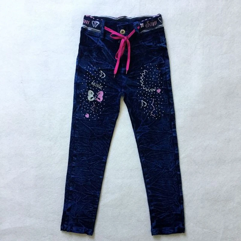 

New Kids Straight Full Length Pants Children's Jeans Girls Hot Rhinestone Embroidered Rib Tether Denim Trousers 3-12T