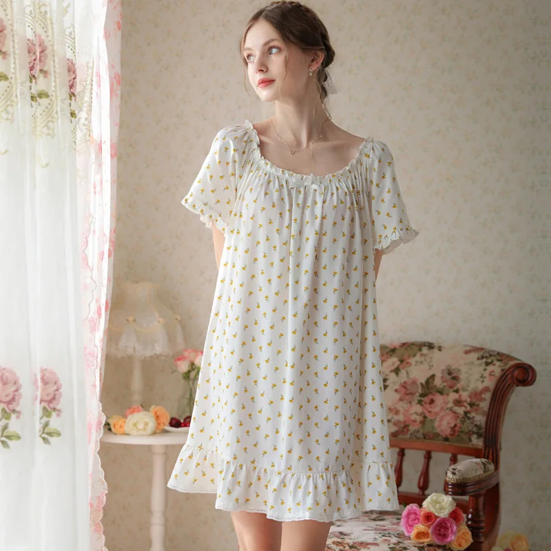 Summer Sweet Print Floral Short Sleeves Night Dress Sexy Above Knee Nightie  French Loose Round Neck Cotton Nightgowns Sleepwear - AliExpress 200574005
