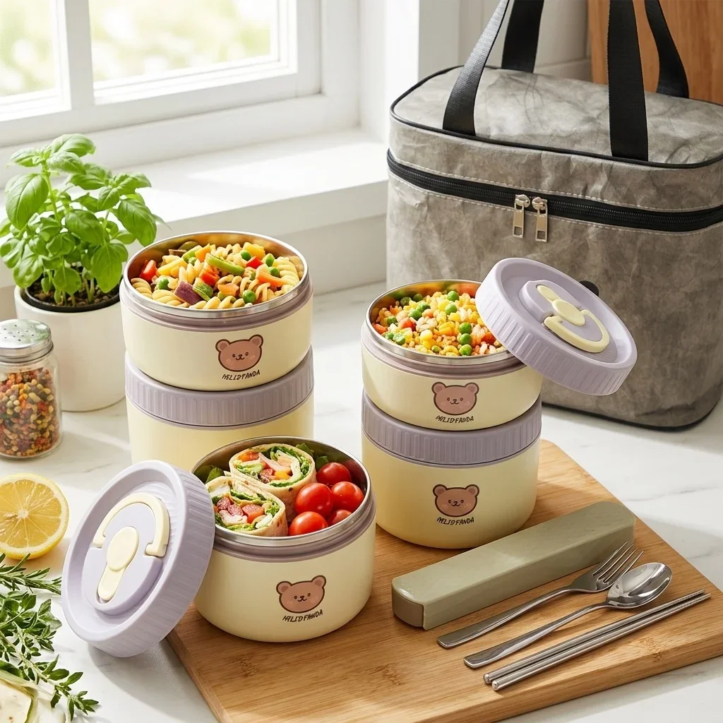 304 Stainless Steel Thermal Lunch Box Kids Students Insulated Bento Box Cute Leakproof Food Storage Containers Microwave Safe