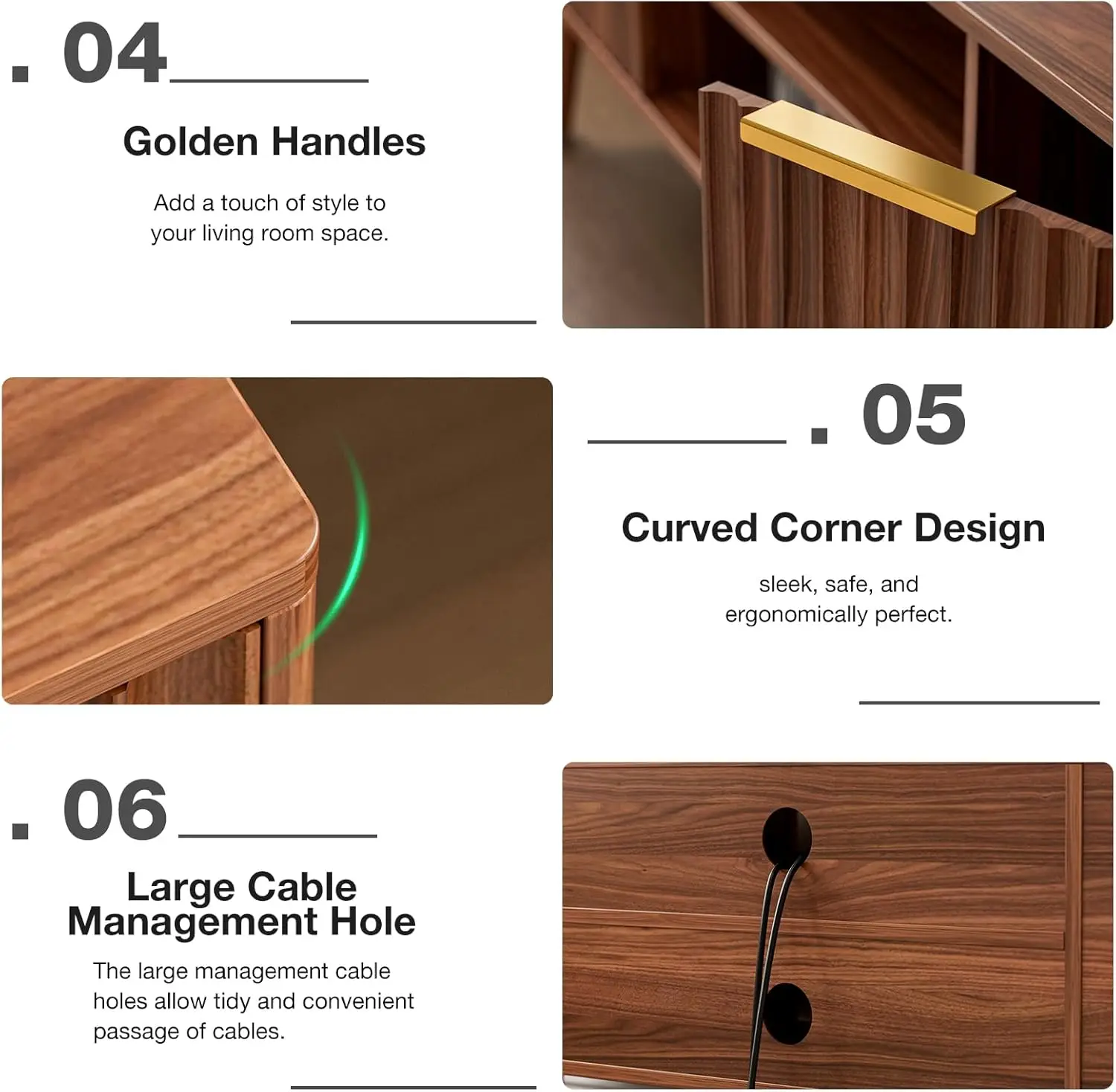 ミッドセンチュリーモダンテレビスタンド、55～60インチテレビ用、溝付きドアとオープンシェルフ付き、ウォールナット仕上げ