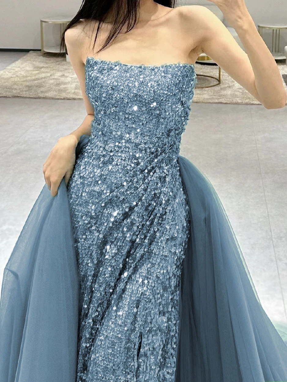 Starry Sequins Celebrity Dress Strapless Mermaid Detachable Train Boat Neck Side Split Pleated Woman Party Graduation Prom Gowns