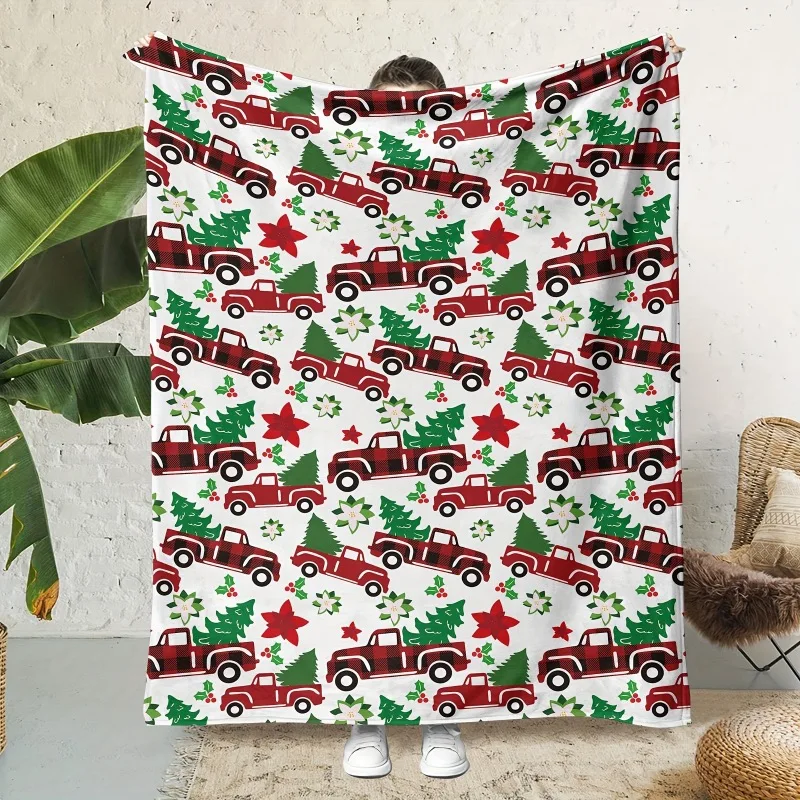 1 Christmas Pattern Blanket - Soft and Warm Flannel Cover with Red Truck Green Trees and Stars on a White Background Design