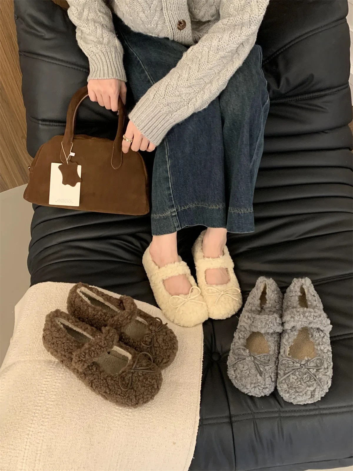 Women\'s Shearling Ballet Flats with Strap Warm Rabbit Fur Plush Lined Crystal Buckle Mary Jane Flat Shoes