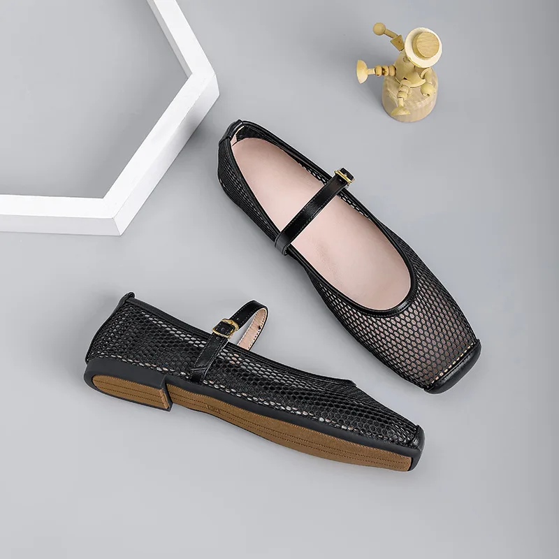 Retro Hollow Mesh Ballet Flats Shoes for Women Spring and Summer Square Toe Shallow Breathable Casual Low Heel Mary Jane Shoes