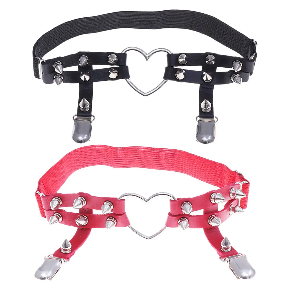

2Pcs Adjustable Heart Shaped Leg Garters PU Metal Material Non-Slip Stocking Clip Belts for Women Punk Style Leg Garters