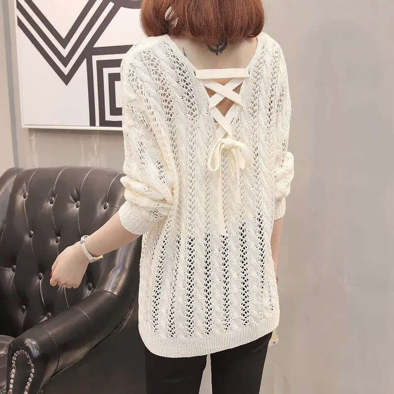 Hot Spring Autumn Winter New Women Back Hollow Knitted Sweater Fashion Comfort Loose Versatile Thin Long Sleeve Knitted Sweater