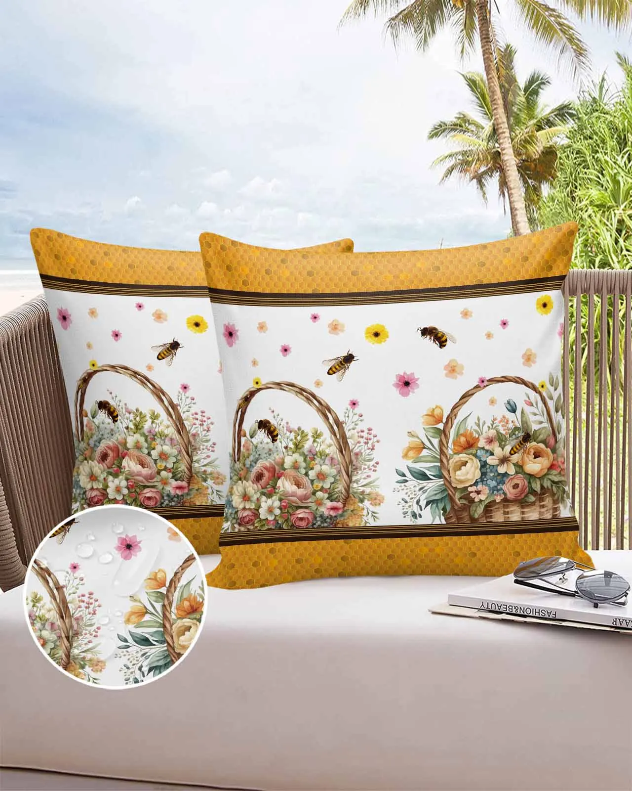 꽃 꿀벌 벌집 수채화 방수 베개 케이스, 사무실 소파 던지기 베개 케이스, 자동차 쿠션 커버, 홈 데코, 2/4 개