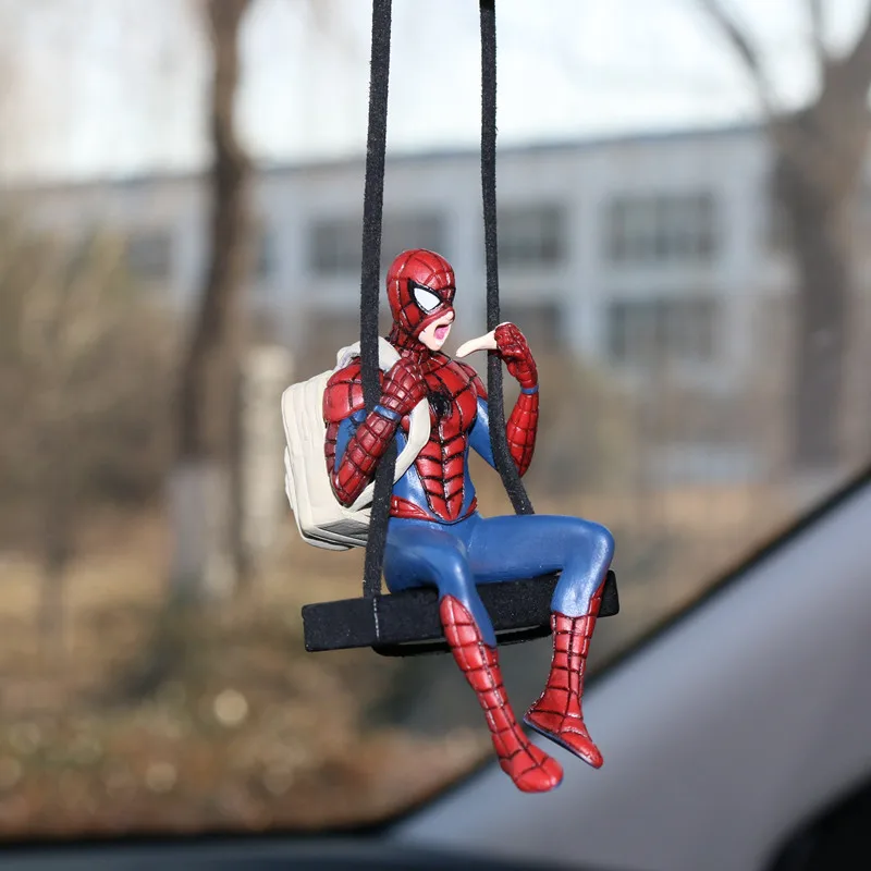 Marvel Spider Man จี้รถฮีโร่ Avengers การ์ตูน Action Figure กระจกมองหลังหนัง PU Lanyard อุปกรณ์เสริมของขวัญ