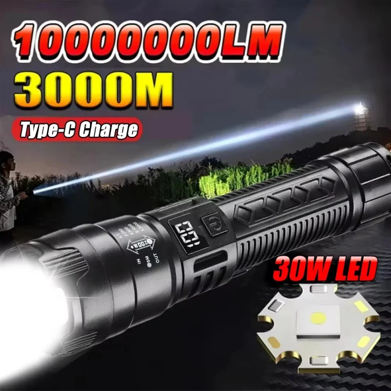 

High Strong Power Led Flashlights 2000LM Tactical Torch with Display Light USB Charging Camping Fishing Emergency Zoom Lantern