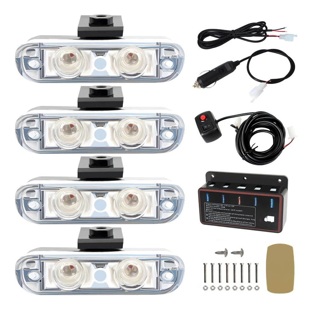 1 Set 4*2 LED 12V Strobe Lights For Car Grille Emergency Ambulance Police Flashing Light With Switch Red White Amber Blue