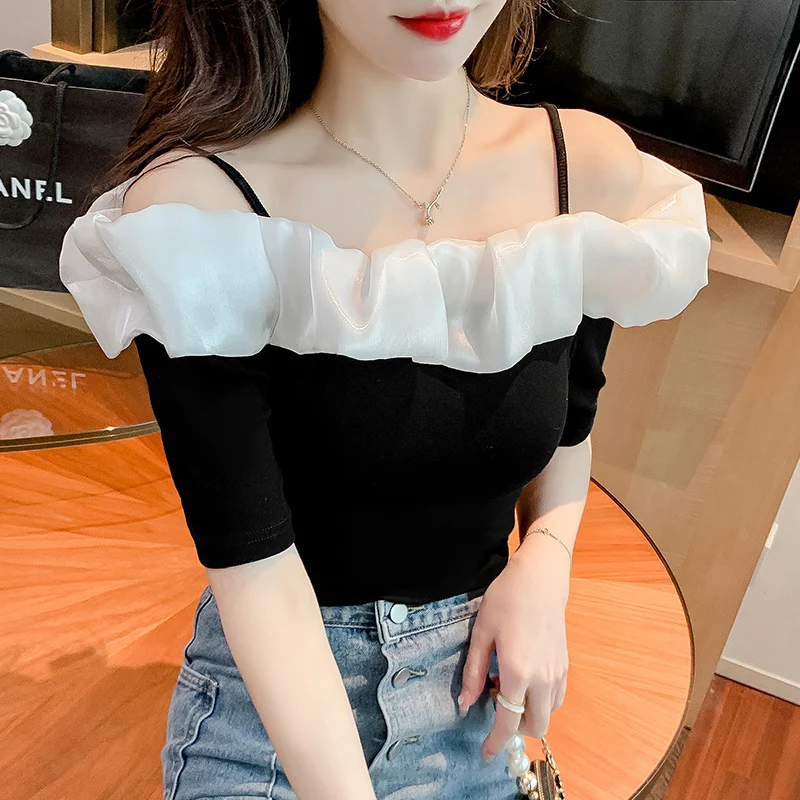 Slash Neck T Shirts Girls Patchwork Stretchy Slim Tshirt Top Women Summer Black White Short Sleeve Tees With Straps