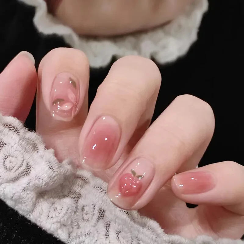 Uñas postizas de cabeza redonda, polvo de ceniza mate, diseño de flores, Uñas postizas cortas cuadradas, manicura de cobertura completa, 24 piezas