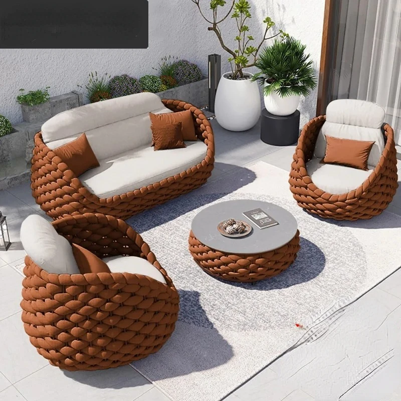 

Outdoor Rattan Leisure Sofa Courtyard Villa Balcony Model Room Coffee Shop Garden Sun-Proof Rattan Chair Tea Table Furniture