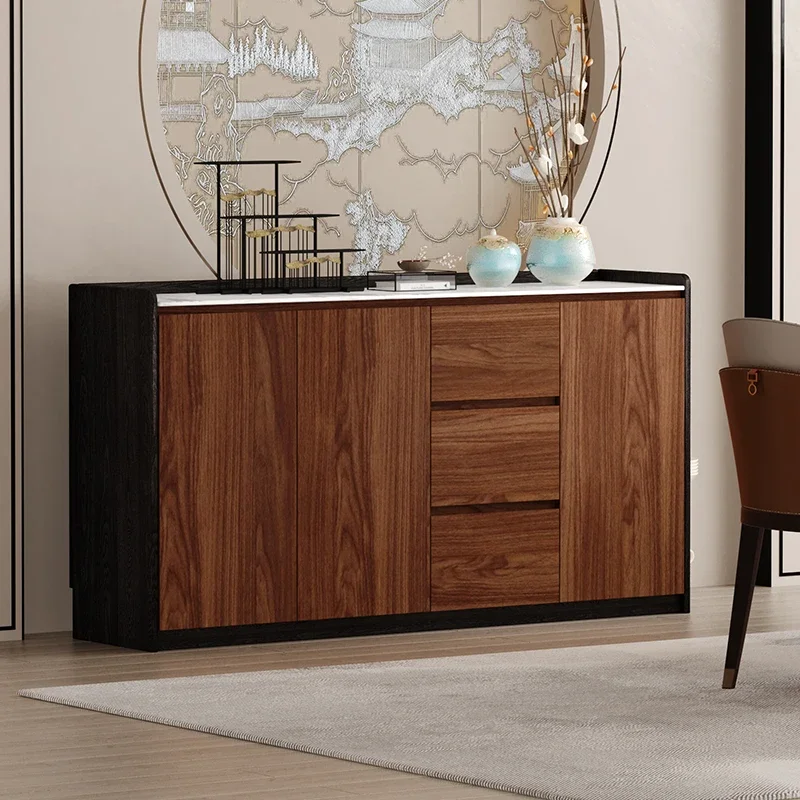 Antique brown veneer sideboard, solid wood drawers, marble top kitchen, living room, hotel use - storage